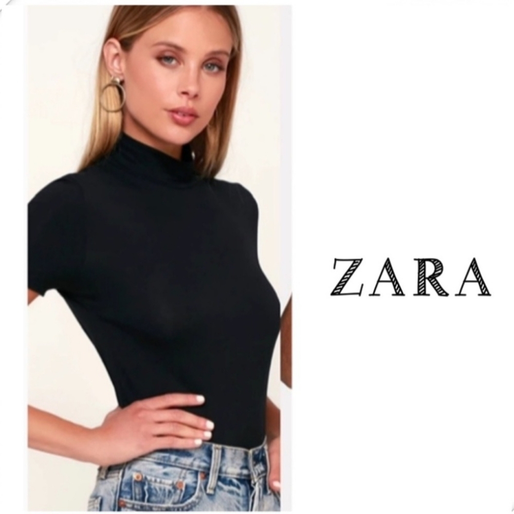 Zara Mock Neck Ribbed Crop T-Shirt Tops Black